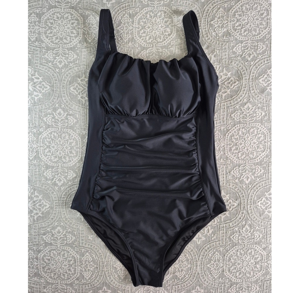 Aqua Eve Womens‎ One Piece Swimsuit Black Ruched Tummy Control Size L